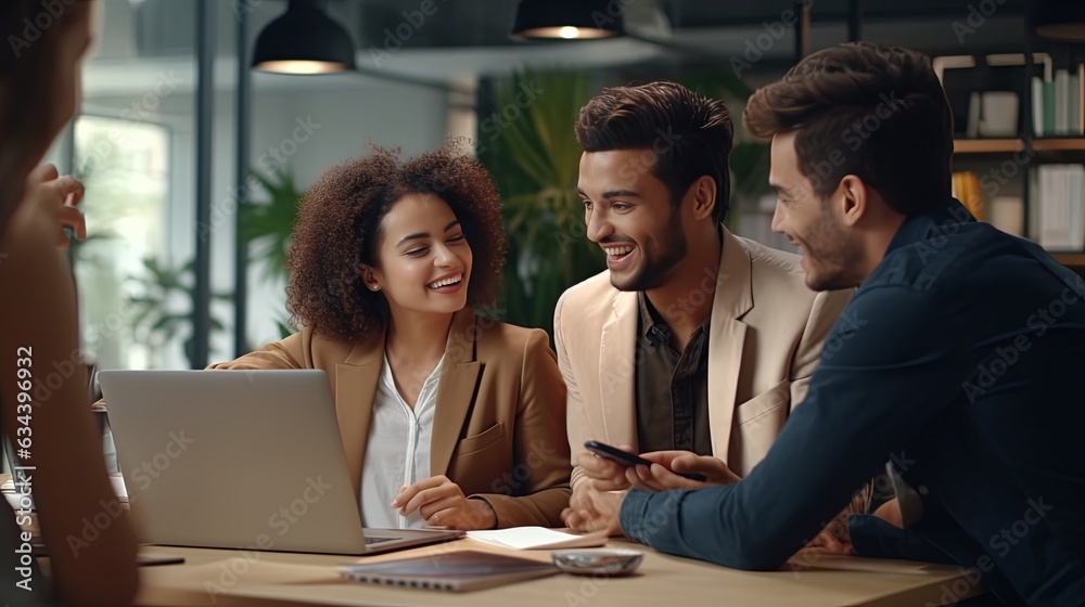 casual business conversation concept group of multiethnic teamwork collegues positive discuss conversation with happiness clam and joyful together in office or cafe coffeeshop background, ai generate
