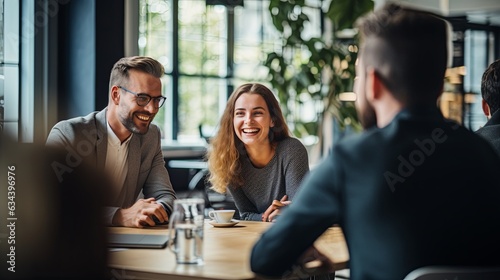 casual business conversation concept group of multiethnic teamwork collegues positive discuss conversation with happiness clam and joyful together in office or cafe coffeeshop background, ai generate