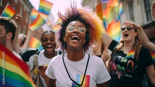 Happy man and woman with hands raised holding rainbow flags while enjoying in gay pride parade Capturing the Beauty of Nature with Radiant Smiles,ai generate