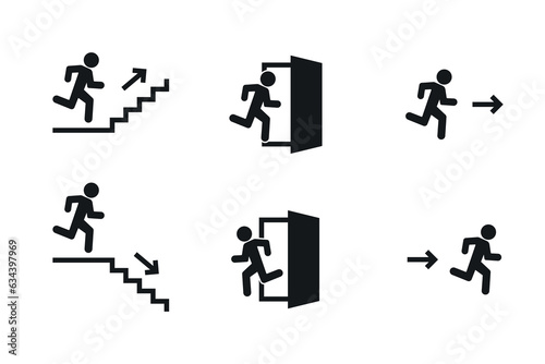 Emergency exit with direction arrow vector icon set. Running man to the stairs and fire exit door. Running way direction sign.