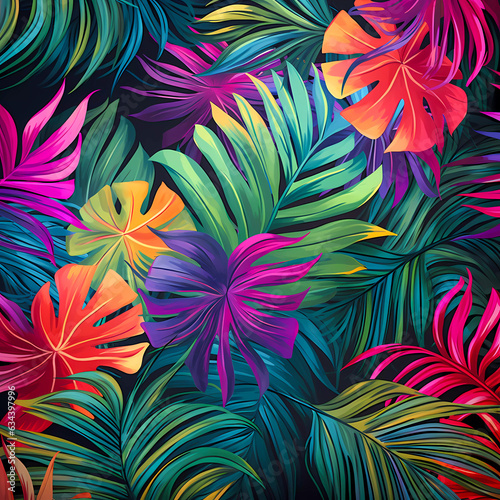 Tropical Dreams in Retrowave: Abstract Leaves Pattern in Vibrant Colors, Generative AI
