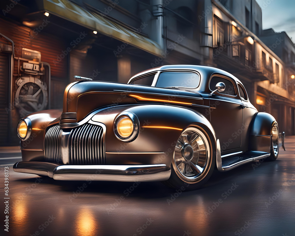 modified vintage hot rod muscle car in a futuristic mega city - generative ai