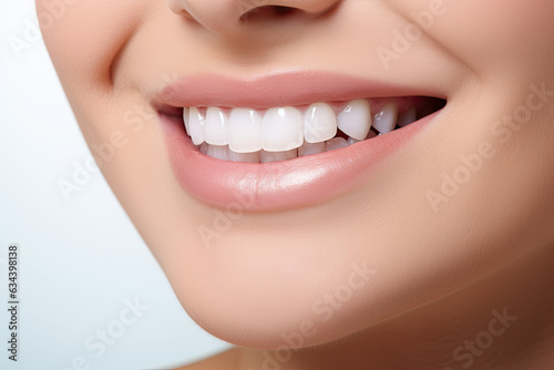 A close up of a female face   pretty smile with very clean perfect healthy teeth. 