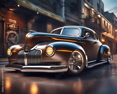 modified vintage hot rod muscle car in a futuristic mega city - generative ai