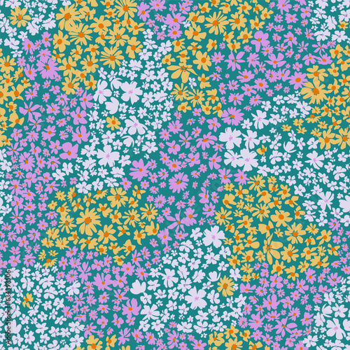 Trendy floral background with elegant small flowers on field for digital wallpaper and garment in liberty style ,ornate vector template