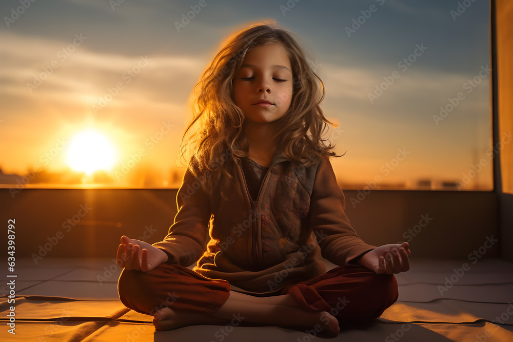 Envision a little girl meditate, bathed in the warm rim light of sunset, generated by AI.