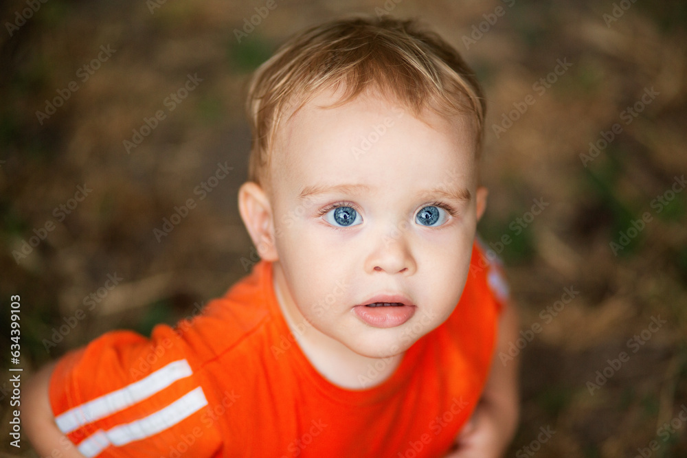 portrait of small red-haired boy on nature. Concept of happy family and childhood portrait of small red-haired boy on nature. Concept of happy family and childhood