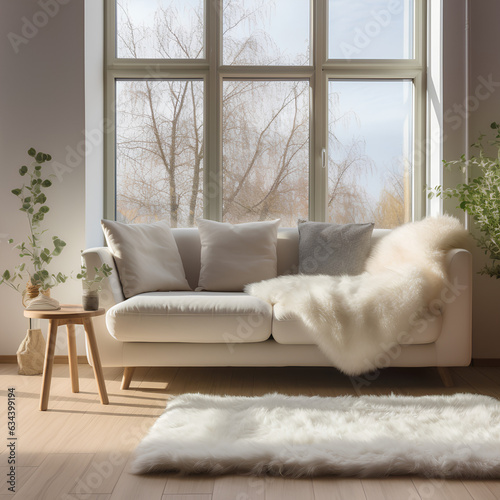 Chic Comfort: Modern Living Room with White Sofa, Wool Blanket, and Fur Pillow