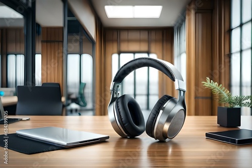 A stylish pair of headphones placed on a clean desk in a modern office environment, with a laptop and other office essentials in the background photo