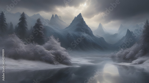 Beautiful Abstract Art of Lake and mountains in winter