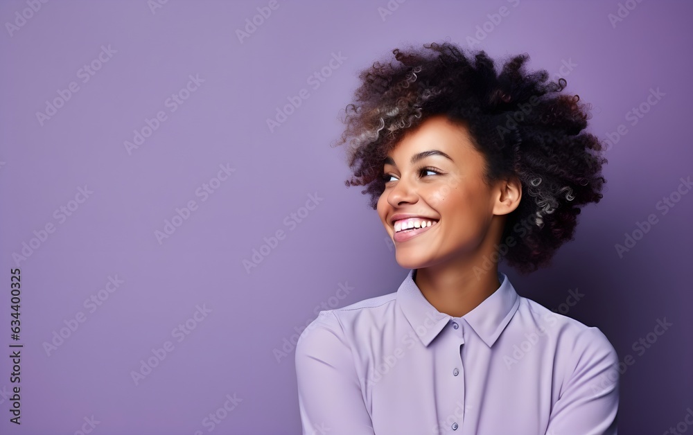 Happy African American woman looking at someone with lovely smile. Portrait of girl, posing at purple pink studio background. Young emotional, human emotions, facial expression concept, AI Generated Happy African American woman looking at someone with lovely smile. Portrait of girl, posing at purple pink studio background. Young emotional, human emotions, facial expression concept, AI Generated