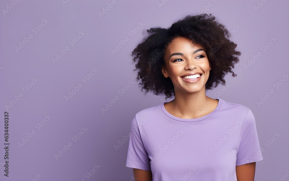 Happy African American woman looking at someone with lovely smile. Portrait of girl, posing at purple pink studio background. Young emotional, human emotions, facial expression concept, AI Generated Happy African American woman looking at someone with lovely smile. Portrait of girl, posing at purple pink studio background. Young emotional, human emotions, facial expression concept, AI Generated