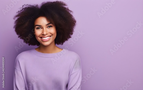 Happy African American woman looking at someone with lovely smile. Portrait of girl, posing at purple pink studio background. Young emotional, human emotions, facial expression concept, AI Generated