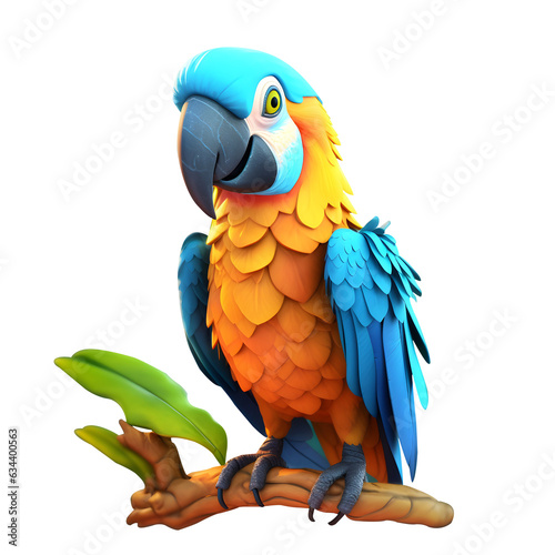 Colorful 3d macaw parrot holding tree branch with his claws  3d bird macaw isolated on transparent background