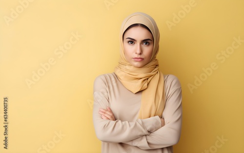 Portrait of a lovely angry young Arab, Arabic girl wearing hijab, casual clothing standing isolated over pastel pink purple, blue, yellow background, arms folded, ethnic, banner, jealous, AI Generated © Vladislava