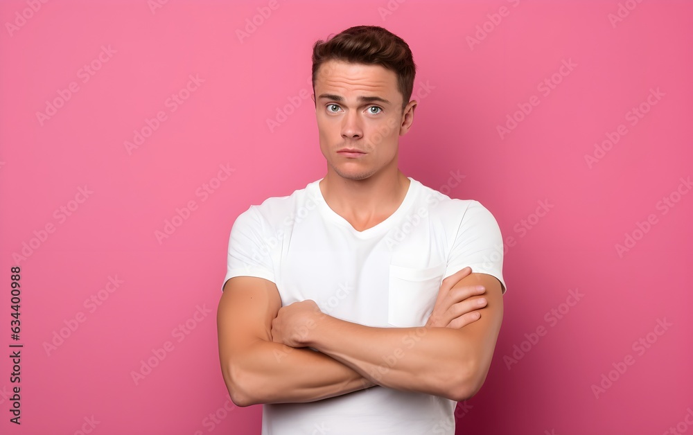 Offended sad angry Caucasian young man with arms crossed blowing his lips looking at camera isolated on pastel, bright trendy pink background. Conflict anger concept, AI Generated Offended sad angry Caucasian young man with arms crossed blowing his lips looking at camera isolated on pastel, bright trendy pink background. Conflict anger concept, AI Generated