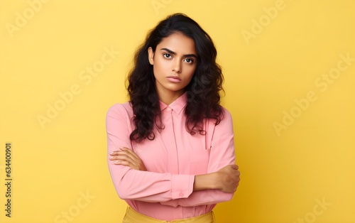Portrait of a lovely angry young Indian Asian girl wearing casual clothing standing isolated over pastel pink, purple, blue, yellow background, arms folded, ethnic, banner, jealous, AI Generated