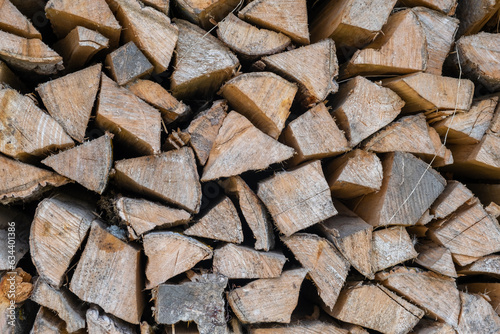 firewood background of chopped wood for kindling and heating the house Close-up. a woodpile with stacked firewood. the texture of the birch tree. banner