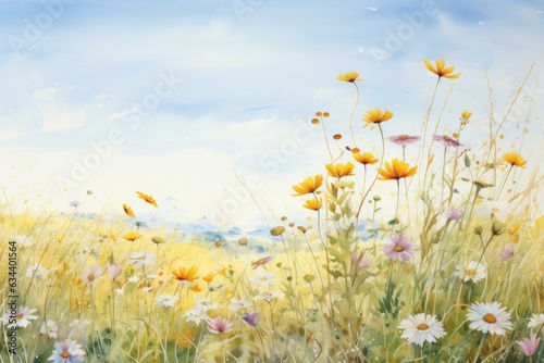 Watercolor of a meadow  with a vibrant colourful wildflowers
