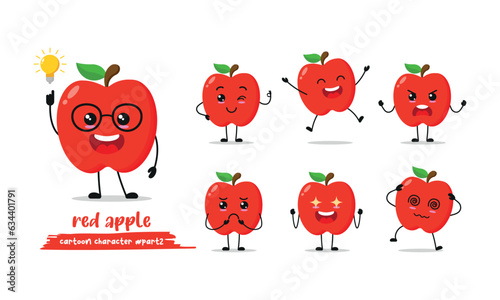 cute red apple cartoon with many expressions. fruit different activity pose vector illustration flat design set.