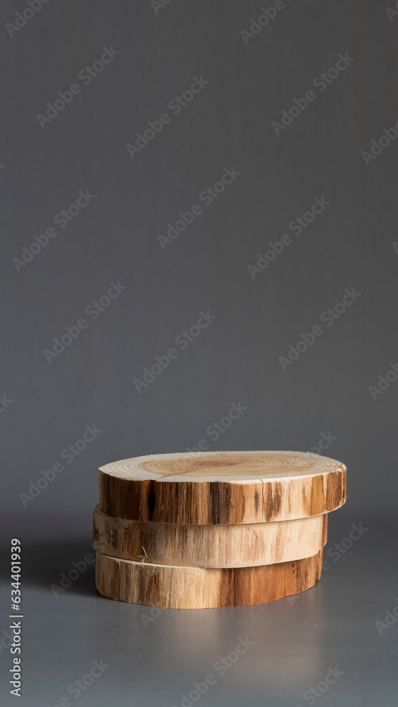 Wooden podium, Cosmetic display product stand on grey background. Wooden podium, Cosmetic display product stand on grey background.