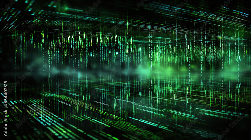 Green, abstract binary code elements on a dark screen, illustrating the concepts of malware, ransomware, and cyber attacks. Background design that includes copy space for added content Green, abstract binary code elements on a dark screen, illustrating the concepts of malware, ransomware, and cyber attacks. Background design that includes copy space for added content