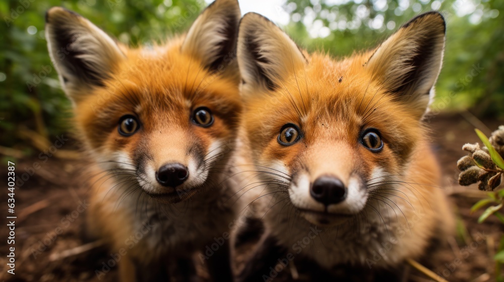 Fototapeta premium Close-up of two red foxes, Vulpes vulpes, in the forest