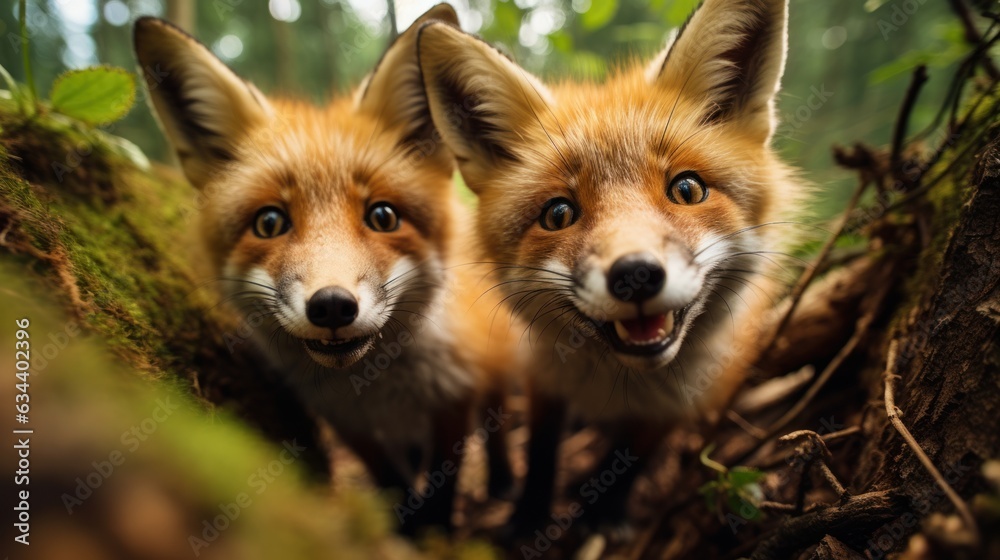 Fototapeta premium Close-up of two red foxes, Vulpes vulpes, in the forest