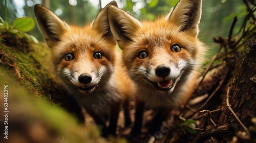 Close-up of two red foxes, Vulpes vulpes, in the forest