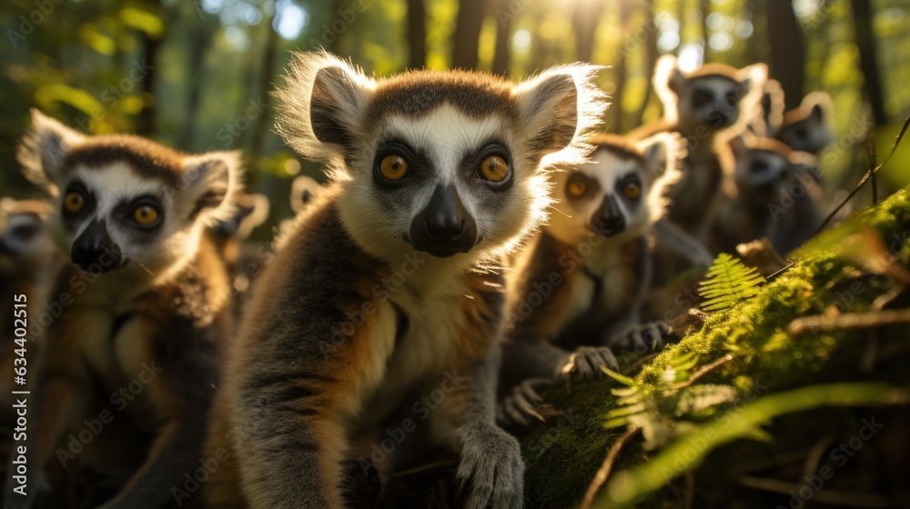Group of lemurs in the forest. wild life scene Group of lemurs in the forest. wild life scene