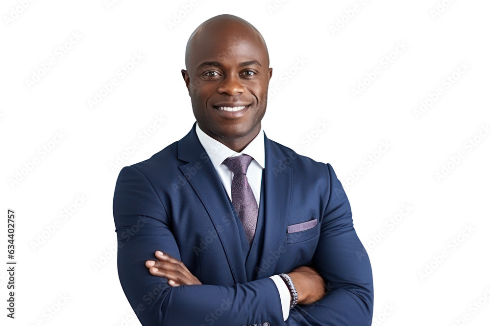 Business man portrait isolated on white transparent background, Afro businessman in suit, crossed arms, PNG Business man portrait isolated on white transparent background, Afro businessman in suit, crossed arms, PNG