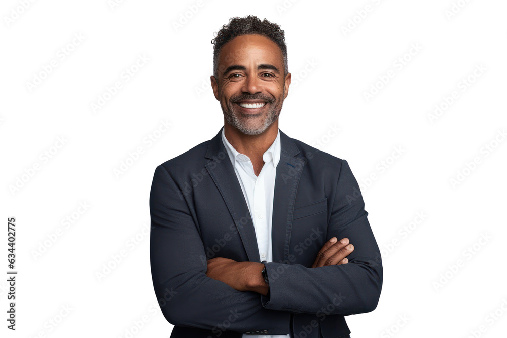 Business man portrait isolated on white transparent background, Afro businessman in suit, crossed arms, PNG
