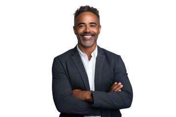 Business man portrait isolated on white transparent background, Afro businessman in suit, crossed arms, PNG