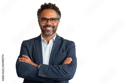 Business man portrait isolated on white transparent background, Afro businessman in suit, crossed arms, PNG