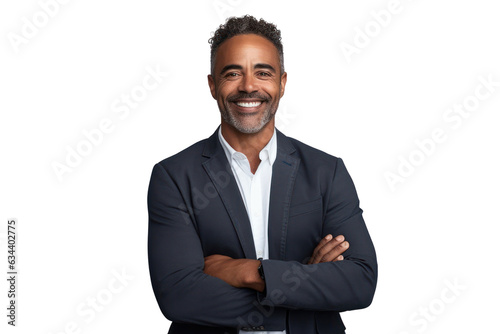 Business man portrait isolated on white transparent background, Afro businessman in suit, crossed arms, PNG photo
