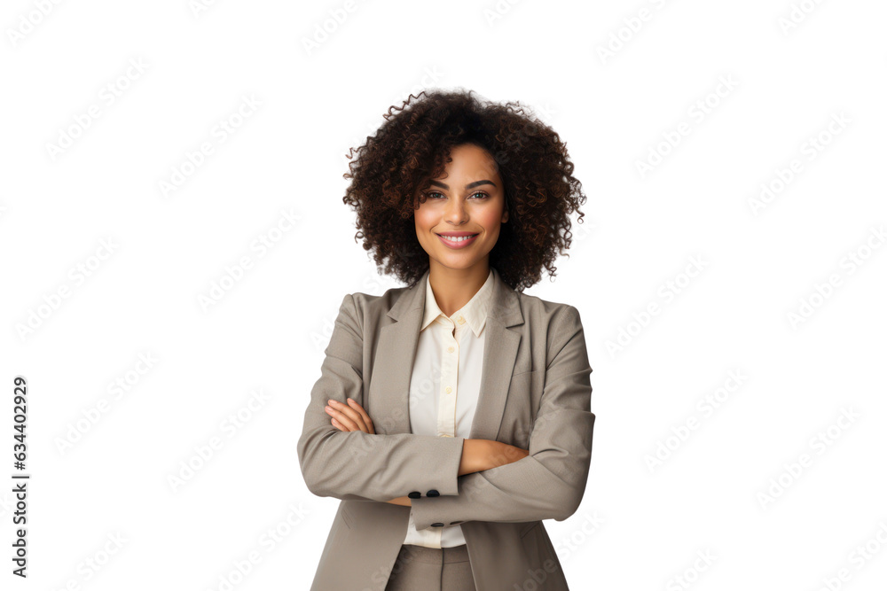 Business woman portrait isolated on white transparent background, Afro businesswoman in suit, crossed arms, PNG