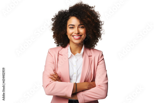 Business woman portrait isolated on white transparent background, Afro businesswoman in suit, crossed arms, PNG