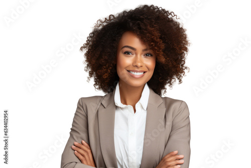 Business woman portrait isolated on white transparent background, Afro businesswoman in suit, crossed arms, PNG