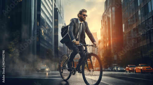 Business people biking with bicycle on road city to work