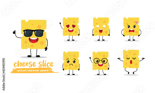 cute cheese slice different activity expression emotion. food wear sunglasses with many activity vector illustration flat design.
