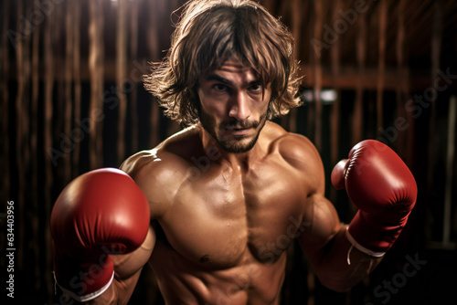 Portrait of a muscular fighter with red boxing gloves in the gym