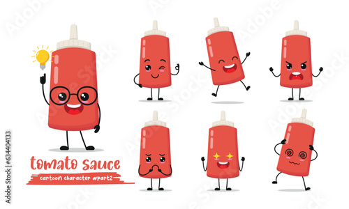 cute tomato sauce cartoon with many expressions. tomato sauce bottle different activity pose vector illustration flat design set.