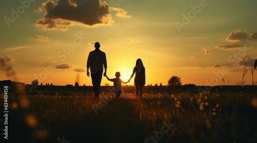 Bouncing a family the sunset hand in hand love relationship of family bonding moment family walking on grass field meadow sunset moment peaceful enjoy family ai generate