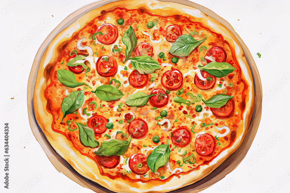 watercolor illustration of pizza, top view