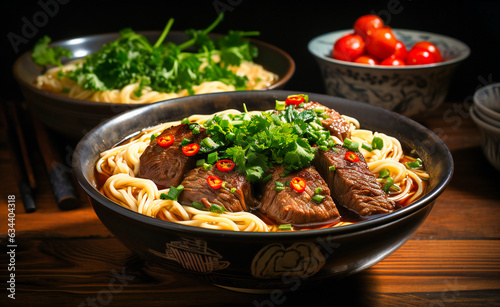 a bowl of beef noodle soup with basil