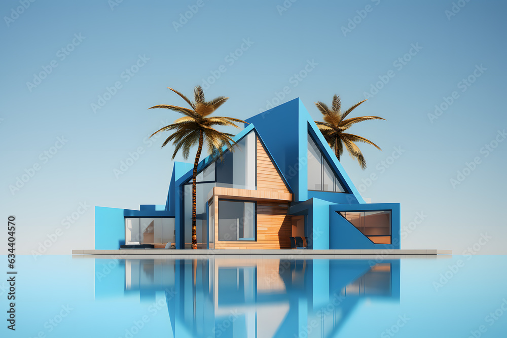 Obraz premium Geometric shapes house Abstract architectural forms on empty blue background ai generated