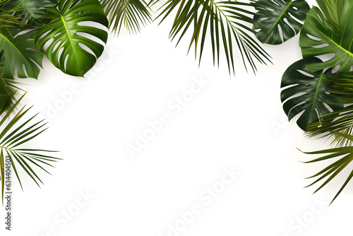 palm and monstera leaves on white background. Natural floral backdrop ai generated
