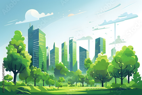 Eco green city. Urban ecology concept background with skyscraper cityscape ai generated