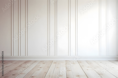 Empty room interior background  white paneling wall  wooden flooring ai generated