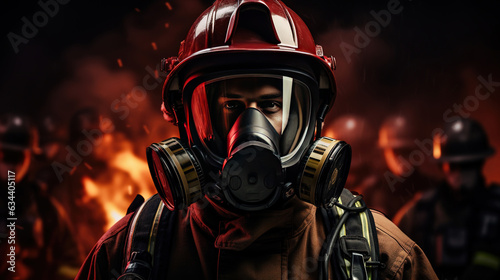 Firefighter portrait on duty. Photo of happy fireman with gas mask and helmet near fire engine